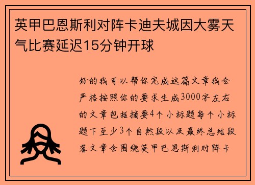英甲巴恩斯利对阵卡迪夫城因大雾天气比赛延迟15分钟开球