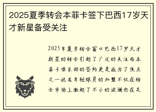 2025夏季转会本菲卡签下巴西17岁天才新星备受关注